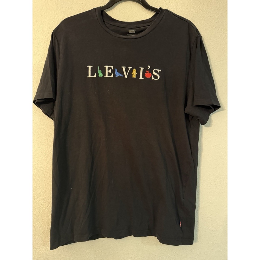 Levis Mens T Shirt Medium Black Short Sleeve Block Letter Cotton Adult M Casual‎